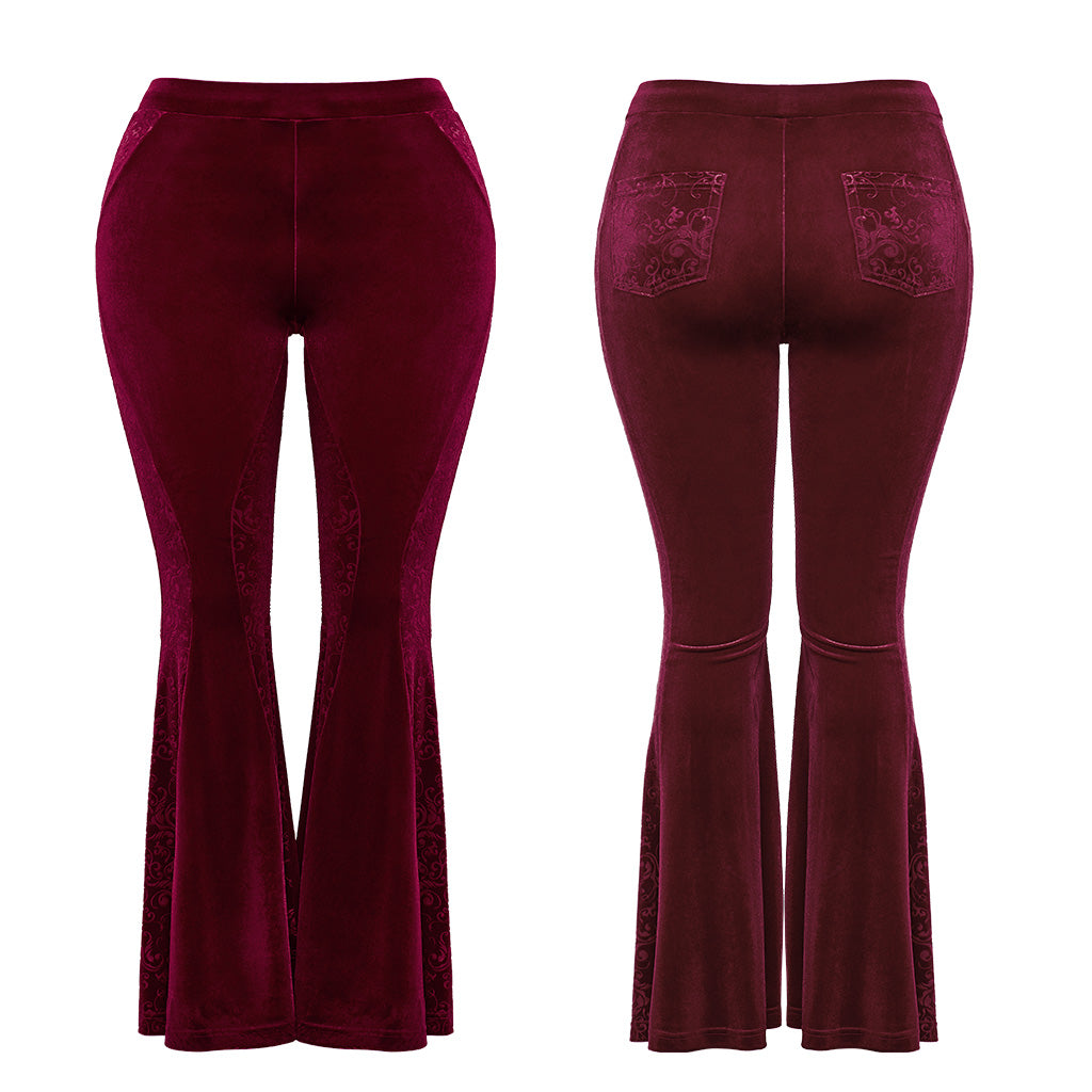 DK-640XCF Velvet Flared Gothic Pants With Embroidered Side Panels?-??Punk Rave Clothing