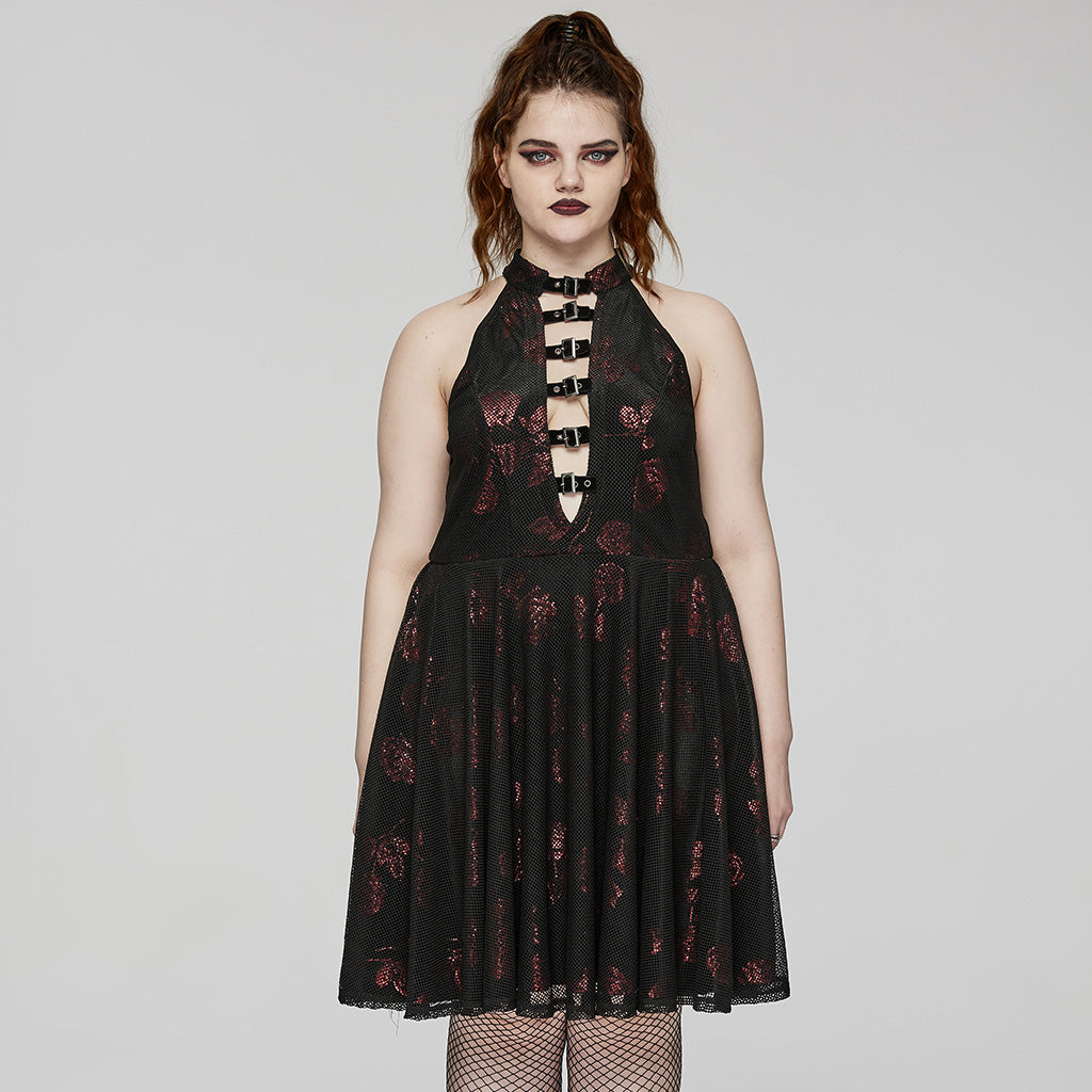 DQ-688LQF Gothic Floral Buckle Halter Black Sleeveless Midi Dress?-??Punk Rave Clothing