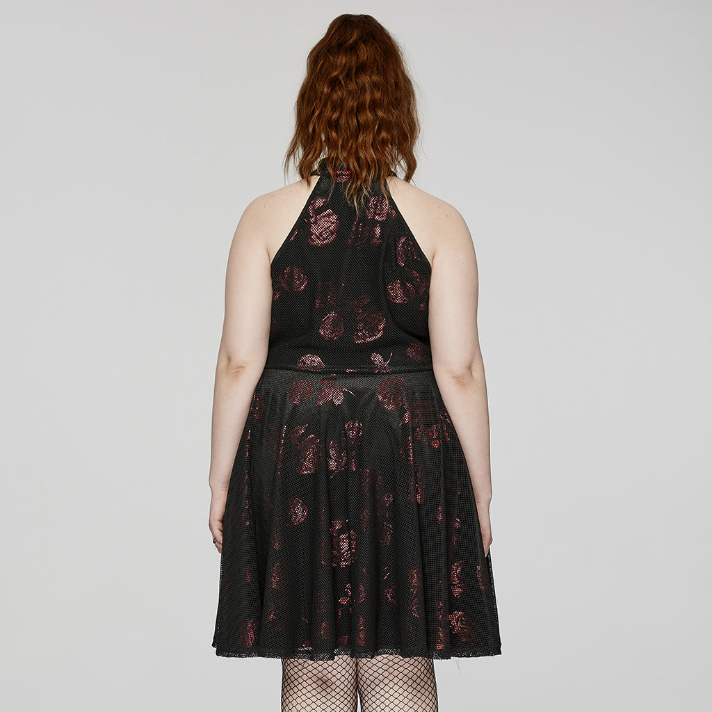 DQ-688LQF Gothic Floral Buckle Halter Black Sleeveless Midi Dress?-??Punk Rave Clothing