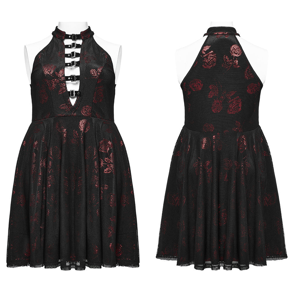 DQ-688LQF Gothic Floral Buckle Halter Black Sleeveless Midi Dress?-??Punk Rave Clothing