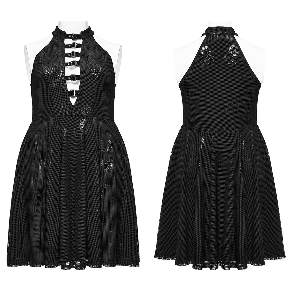 DQ-688LQF Gothic Floral Buckle Halter Black Sleeveless Midi Dress?-??Punk Rave Clothing