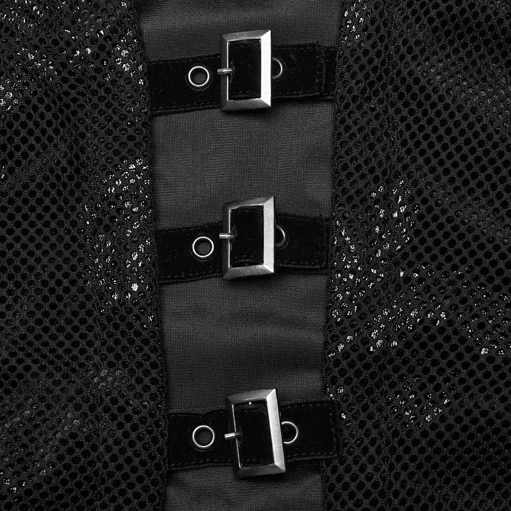 DQ-688LQF Gothic Floral Buckle Halter Black Sleeveless Midi Dress?-??Punk Rave Clothing