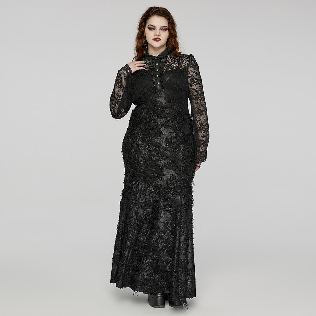 DQ-723LQF Elegant Lace Gothic Dress Long Sleeve Black Evening Gown?-??Punk Rave Clothing