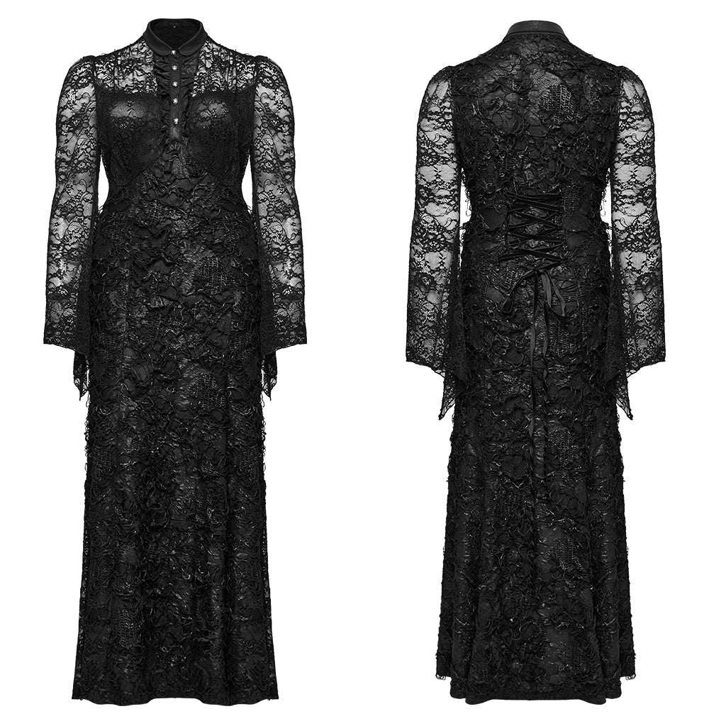 DQ-723LQF Elegant Lace Gothic Dress Long Sleeve Black Evening Gown?-??Punk Rave Clothing