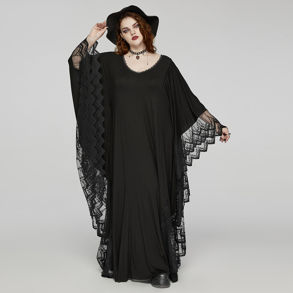 DQ-724LQF Gothic Lace V-Neck Batwing Sleeve Long Black Dress?-??Punk Rave Clothing