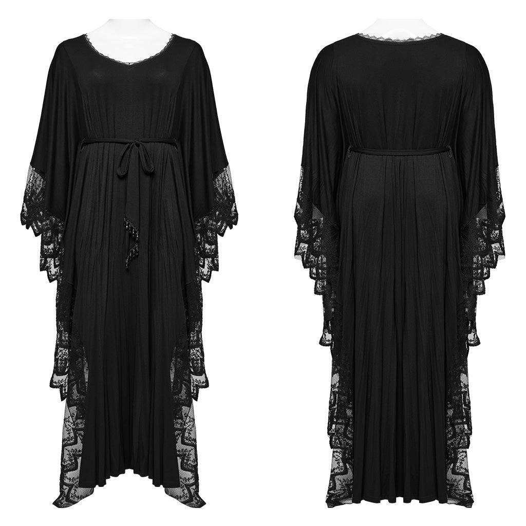 DQ-724LQF Gothic Lace V-Neck Batwing Sleeve Long Black Dress?-??Punk Rave Clothing