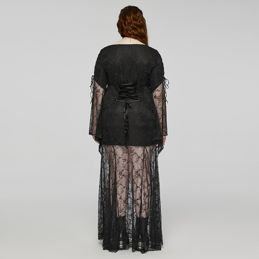 DQ-725LQF Elegant Gothic Dress Sheer Black Lace Long Sleeve?-??Punk Rave Clothing