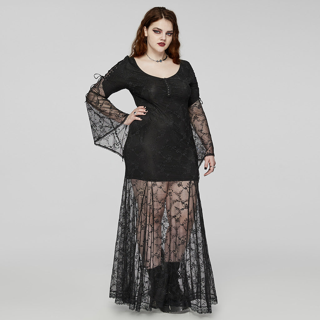 DQ-725LQF Elegant Gothic Dress Sheer Black Lace Long Sleeve?-??Punk Rave Clothing