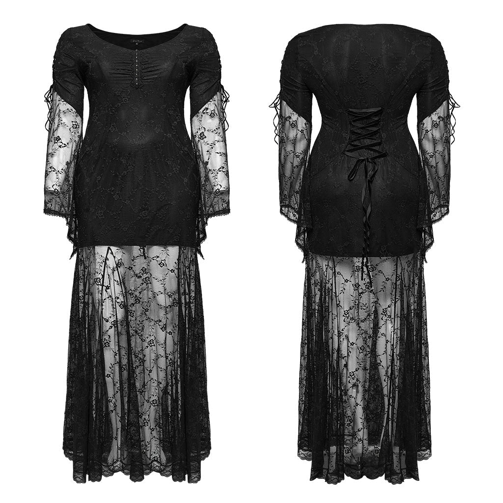 DQ-725LQF Elegant Gothic Dress Sheer Black Lace Long Sleeve?-??Punk Rave Clothing