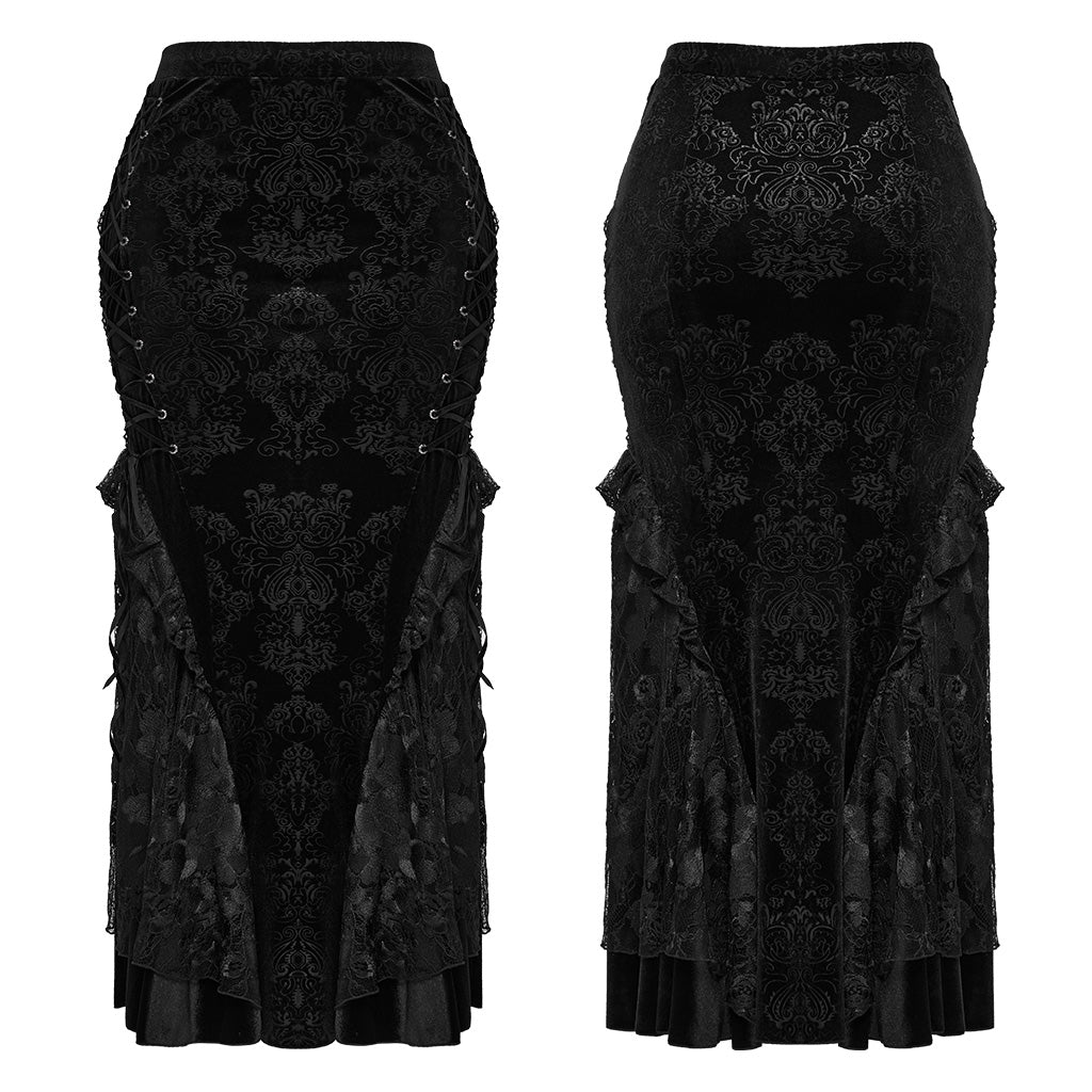 DQ-727BQF Gothic Lace Embossed Velvet Fishtail Skirt With Ruffles?-??Punk Rave Clothing