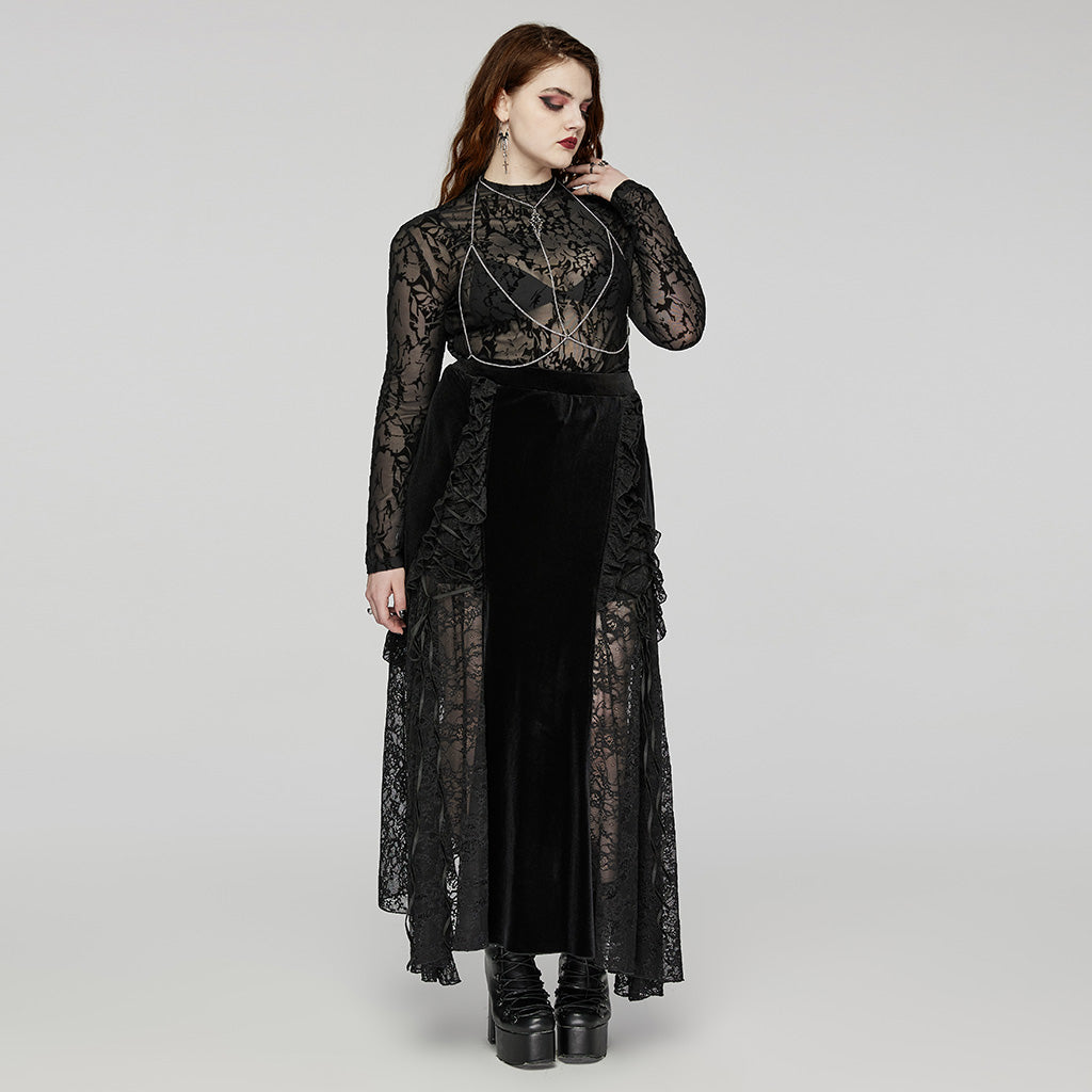 DQ-728BQF Velvet Gothic Skirt with Lace Panel and Ruffled Design?-??Punk Rave Clothing