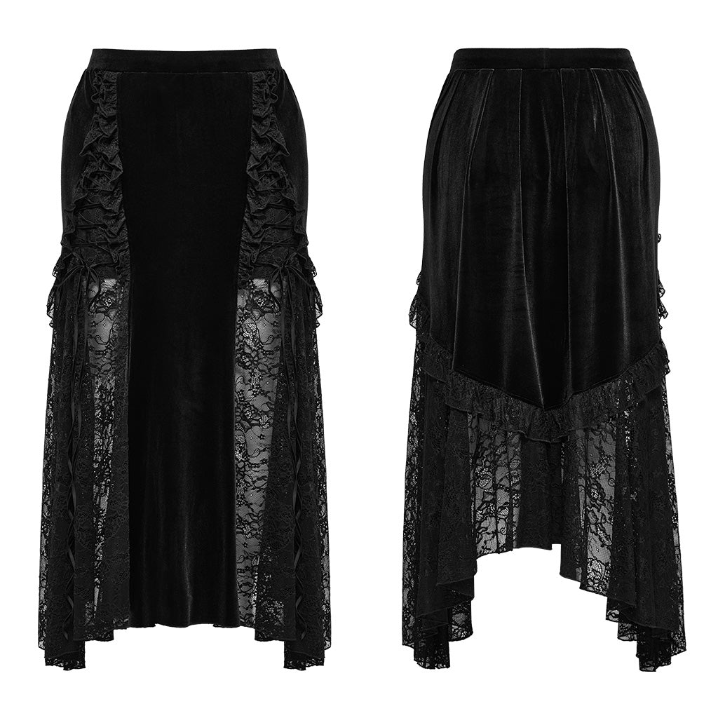 DQ-728BQF Velvet Gothic Skirt with Lace Panel and Ruffled Design?-??Punk Rave Clothing