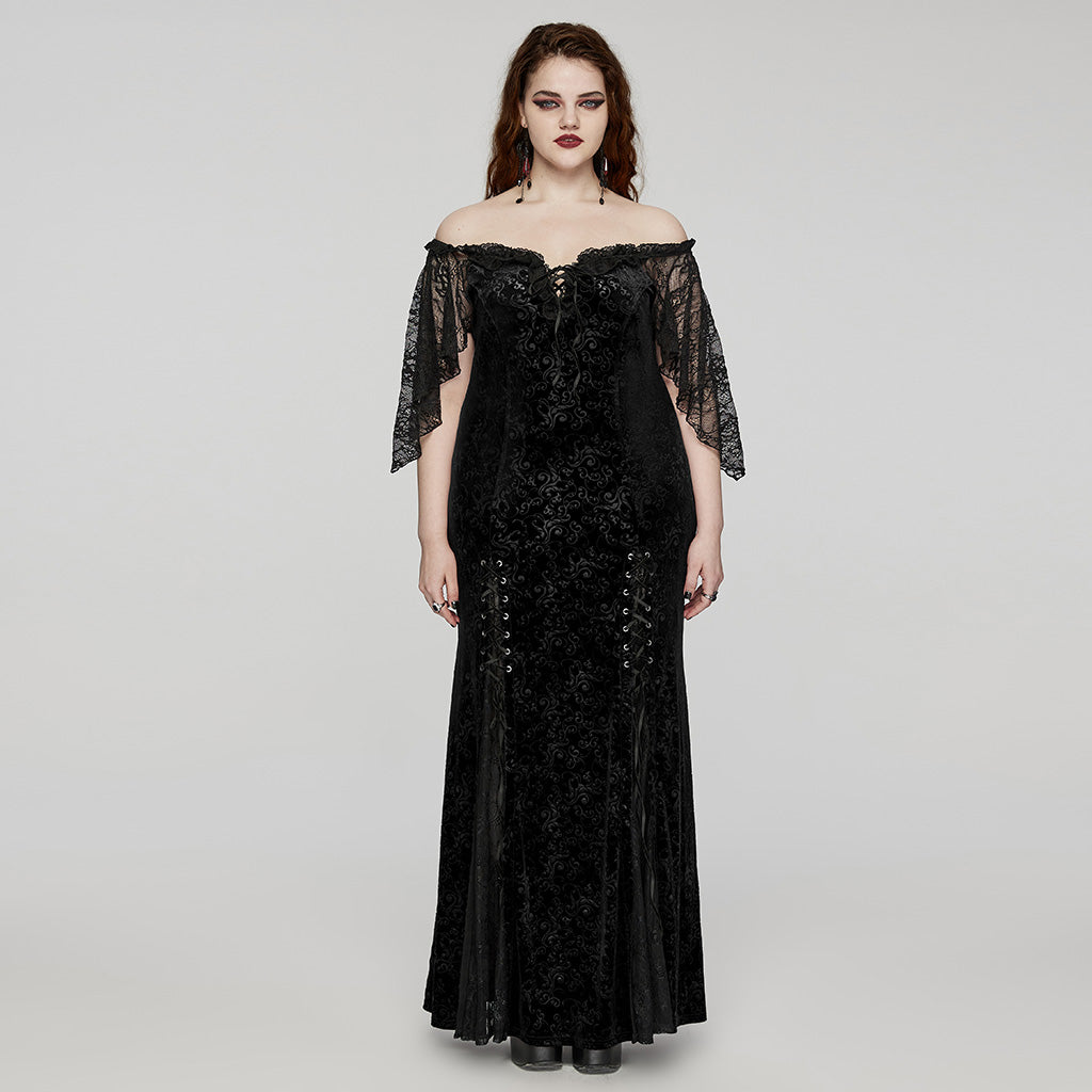 DQ-730LQF Gothic Velvet Off-Shoulder Dress with Lace Sleeves?-??Punk Rave Clothing