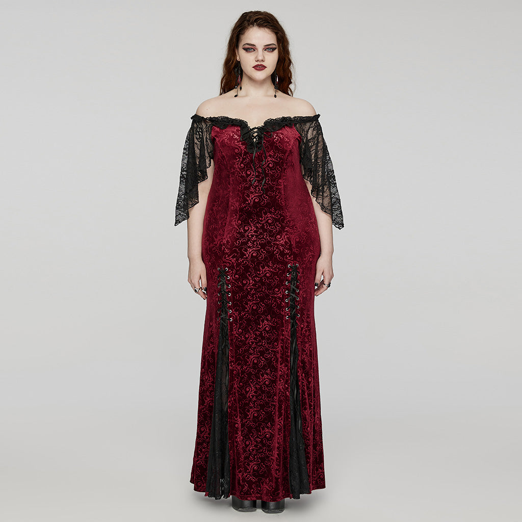 DQ-730LQF Gothic Velvet Off-Shoulder Dress with Lace Sleeves?-??Punk Rave Clothing