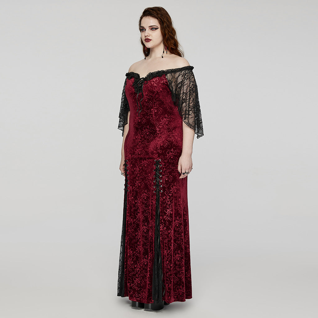 DQ-730LQF Gothic Velvet Off-Shoulder Dress with Lace Sleeves?-??Punk Rave Clothing