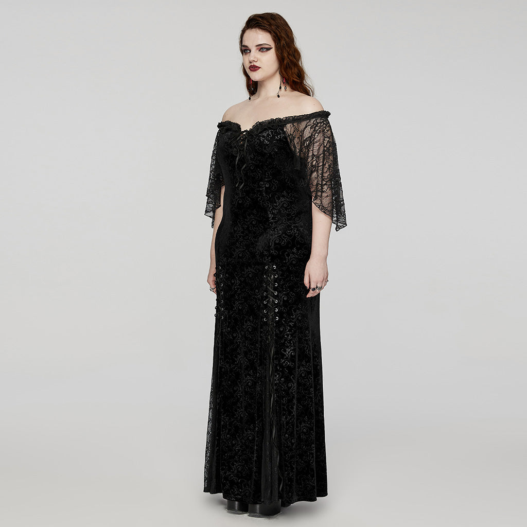 DQ-730LQF Gothic Velvet Off-Shoulder Dress with Lace Sleeves?-??Punk Rave Clothing
