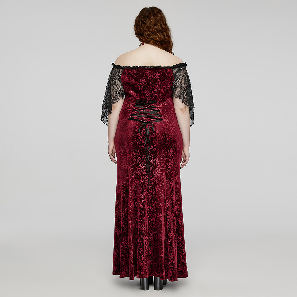 DQ-730LQF Gothic Velvet Off-Shoulder Dress with Lace Sleeves?-??Punk Rave Clothing