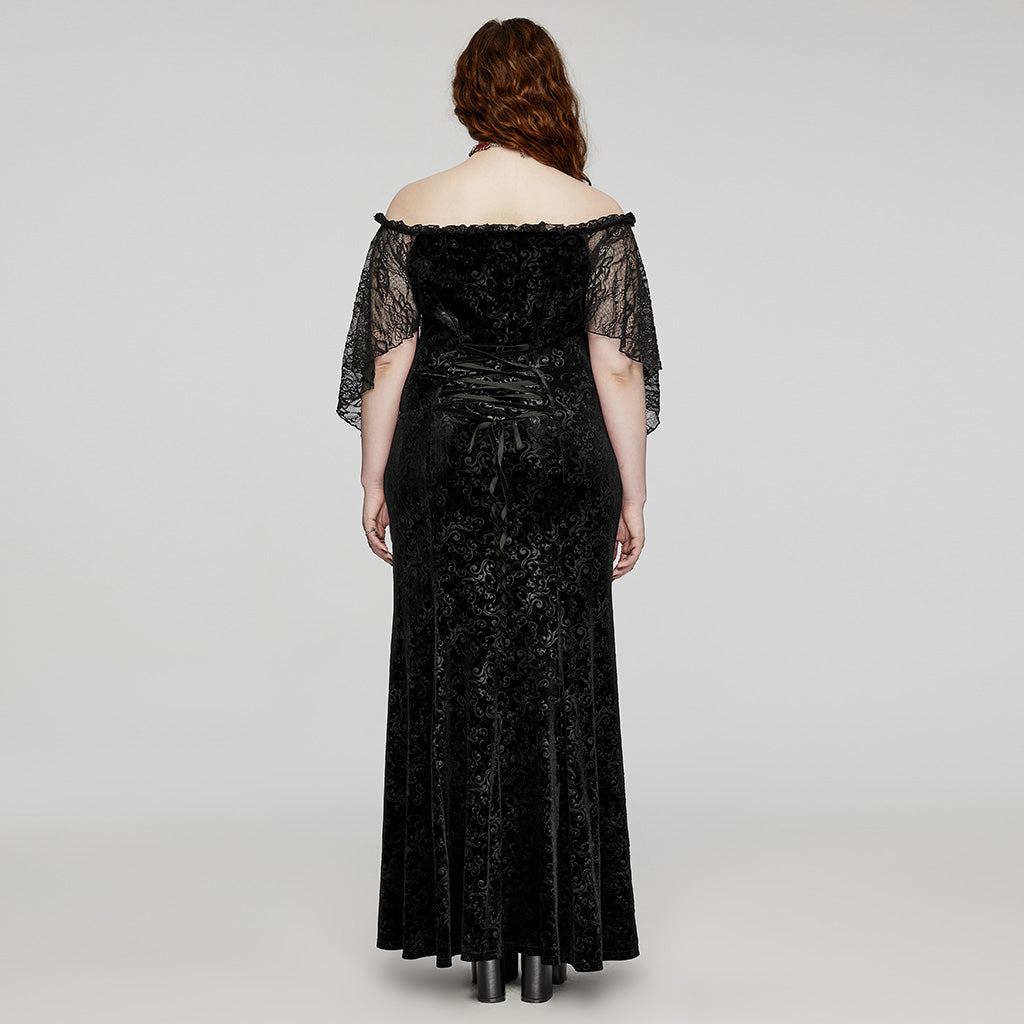 DQ-730LQF Gothic Velvet Off-Shoulder Dress with Lace Sleeves?-??Punk Rave Clothing