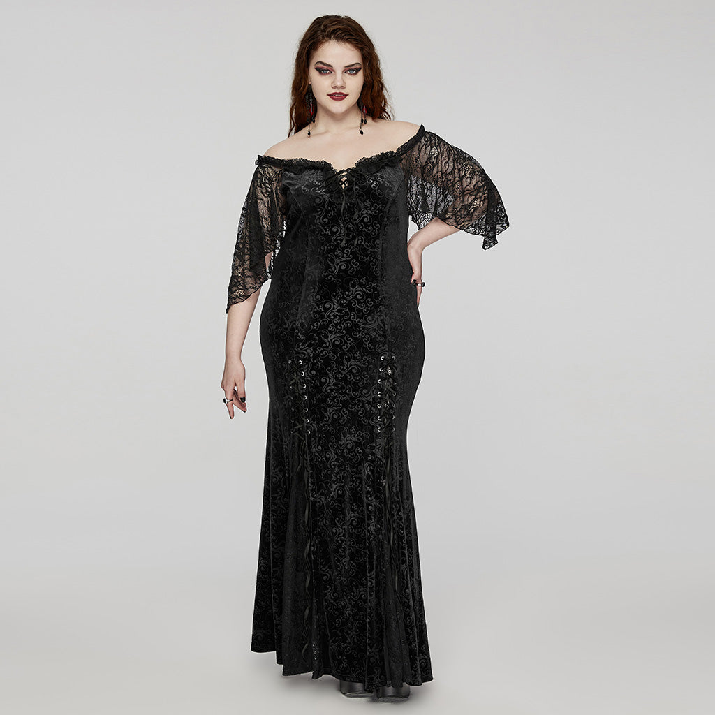 DQ-730LQF Gothic Velvet Off-Shoulder Dress with Lace Sleeves?-??Punk Rave Clothing