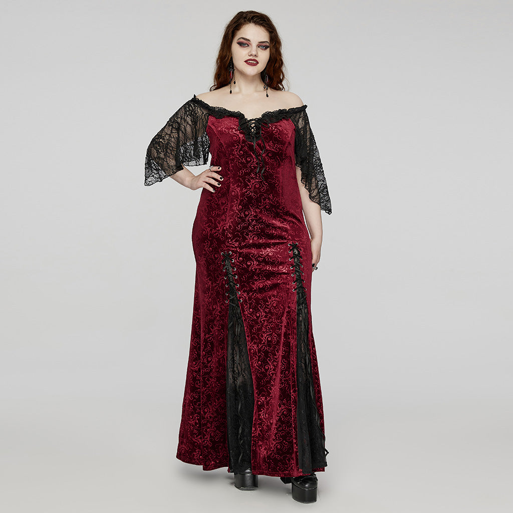 DQ-730LQF Gothic Velvet Off-Shoulder Dress with Lace Sleeves?-??Punk Rave Clothing