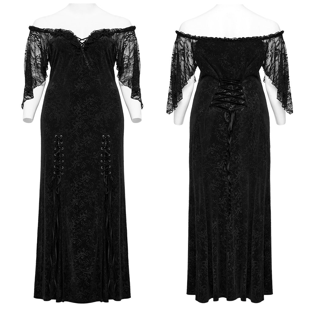 DQ-730LQF Gothic Velvet Off-Shoulder Dress with Lace Sleeves?-??Punk Rave Clothing