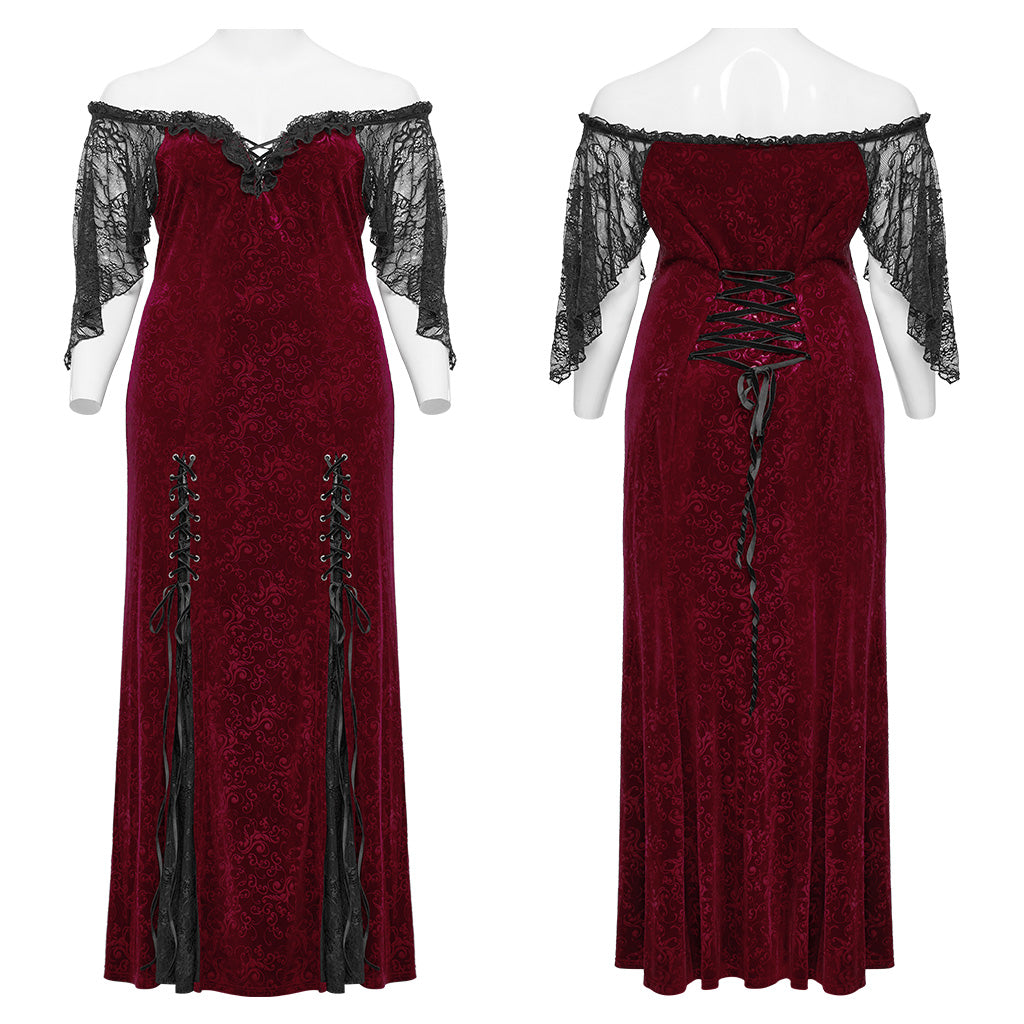 DQ-730LQF Gothic Velvet Off-Shoulder Dress with Lace Sleeves?-??Punk Rave Clothing