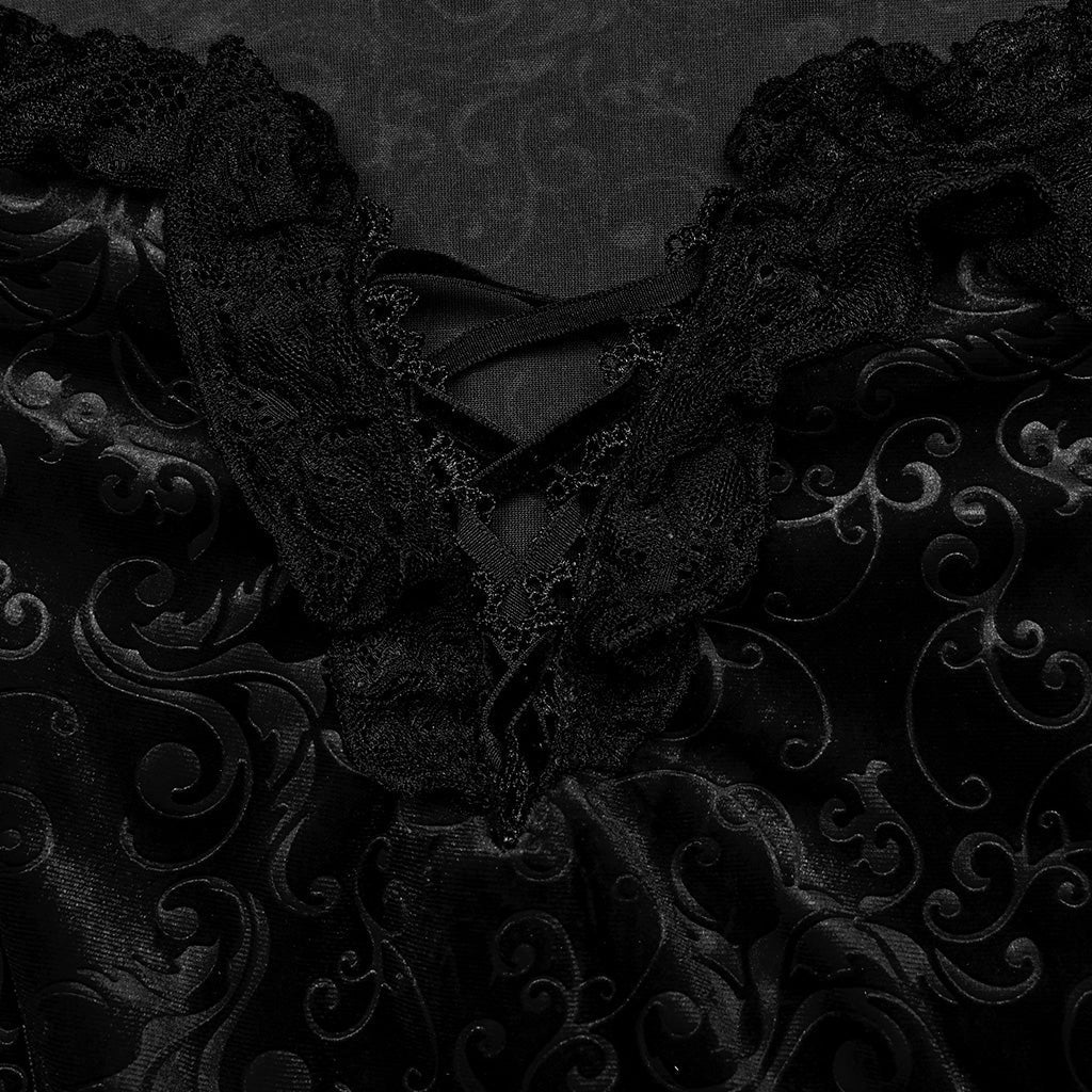 DQ-730LQF Gothic Velvet Off-Shoulder Dress with Lace Sleeves?-??Punk Rave Clothing