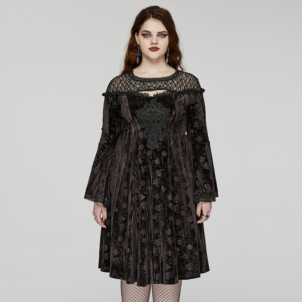 DQ-733LQF Elegant Gothic Velvet Dress with Lace Detail and Bell Sleeves?-??Punk Rave Clothing