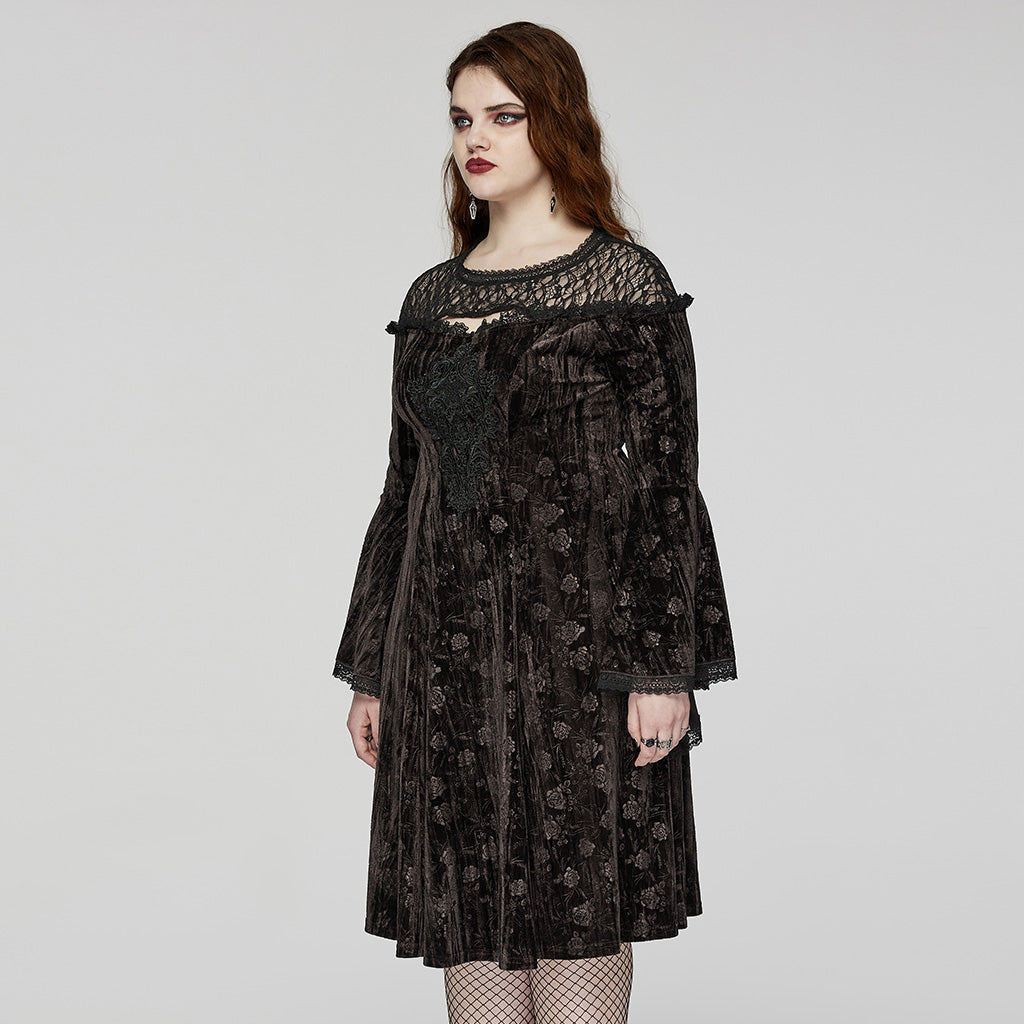 DQ-733LQF Elegant Gothic Velvet Dress with Lace Detail and Bell Sleeves?-??Punk Rave Clothing