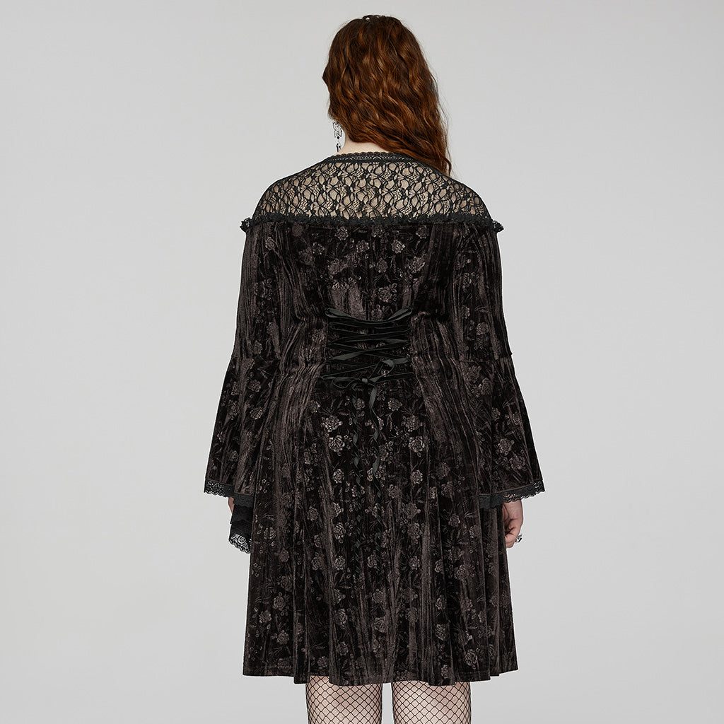 DQ-733LQF Elegant Gothic Velvet Dress with Lace Detail and Bell Sleeves?-??Punk Rave Clothing