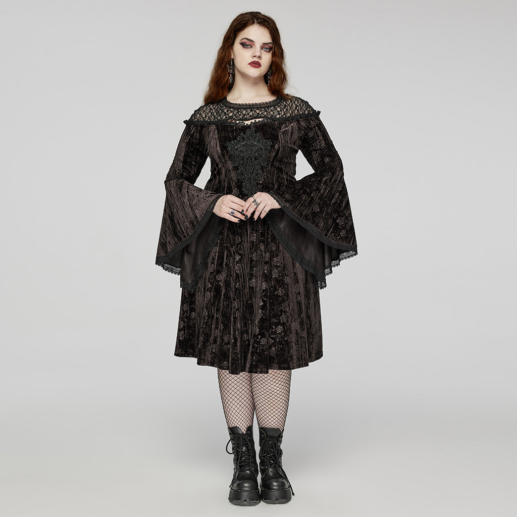 DQ-733LQF Elegant Gothic Velvet Dress with Lace Detail and Bell Sleeves?-??Punk Rave Clothing