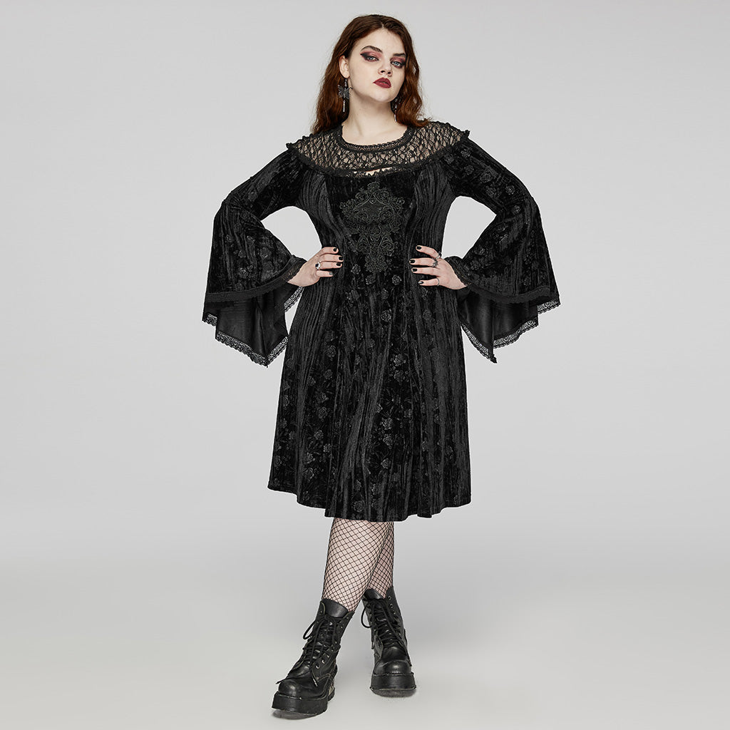 DQ-733LQF Elegant Gothic Velvet Dress with Lace Detail and Bell Sleeves?-??Punk Rave Clothing