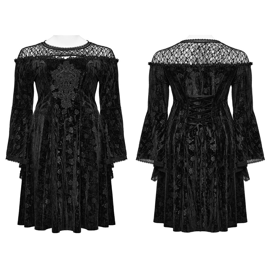 DQ-733LQF Elegant Gothic Velvet Dress with Lace Detail and Bell Sleeves?-??Punk Rave Clothing