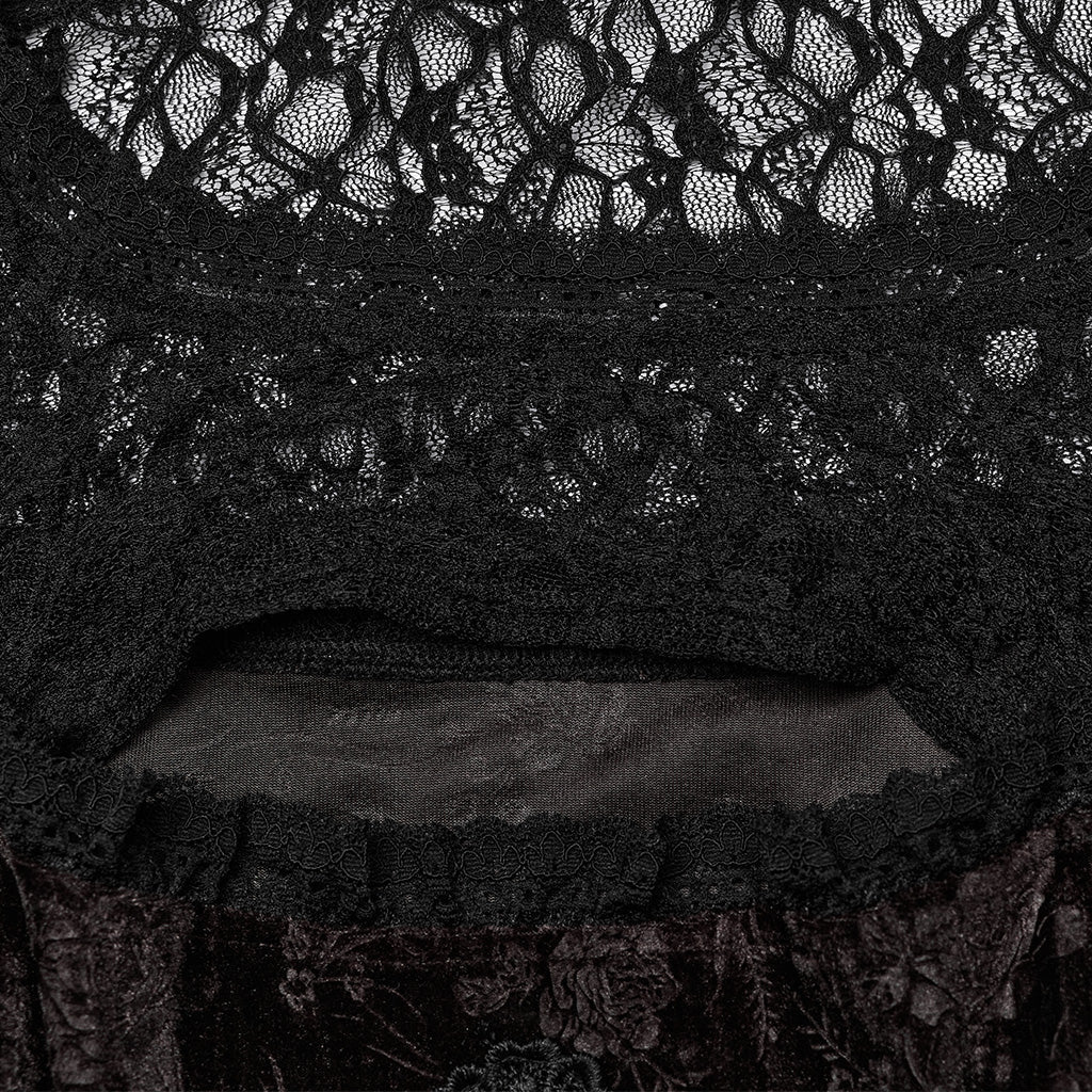 DQ-733LQF Elegant Gothic Velvet Dress with Lace Detail and Bell Sleeves?-??Punk Rave Clothing