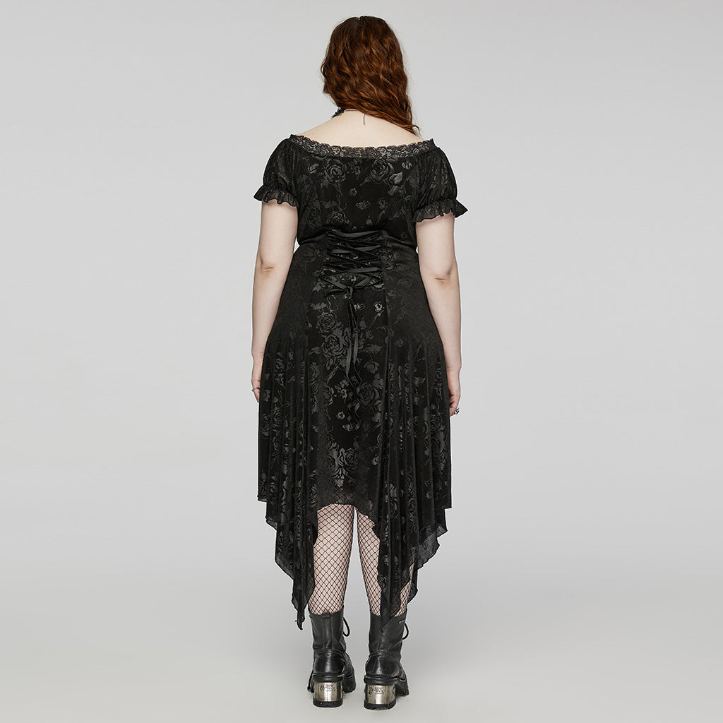 DQ-735LQF Gothic Velvet Rose Asymmetrical Lace-Up Dress?-??Punk Rave Clothing