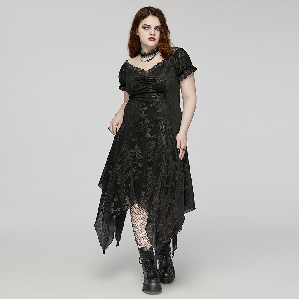 DQ-735LQF Gothic Velvet Rose Asymmetrical Lace-Up Dress?-??Punk Rave Clothing