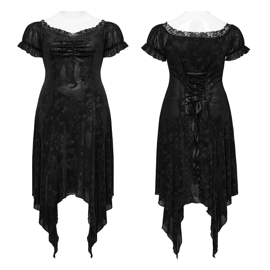 DQ-735LQF Gothic Velvet Rose Asymmetrical Lace-Up Dress?-??Punk Rave Clothing