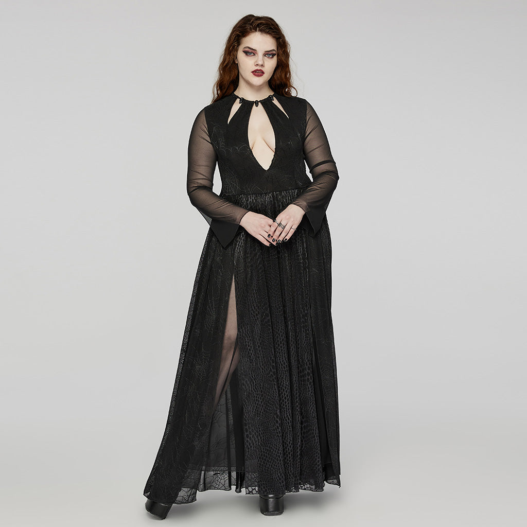 DQ-738LQF Elegant Gothic Lace Long Dress with Sheer Sleeves?-??Punk Rave Clothing