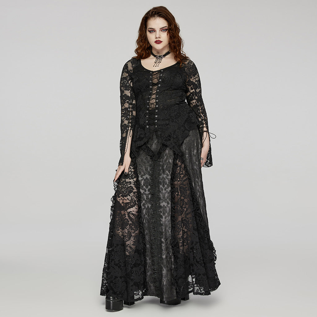 DQ-744BQF Gothic Lace Overlay Asymmetrical Maxi Skirt?-??Punk Rave Clothing