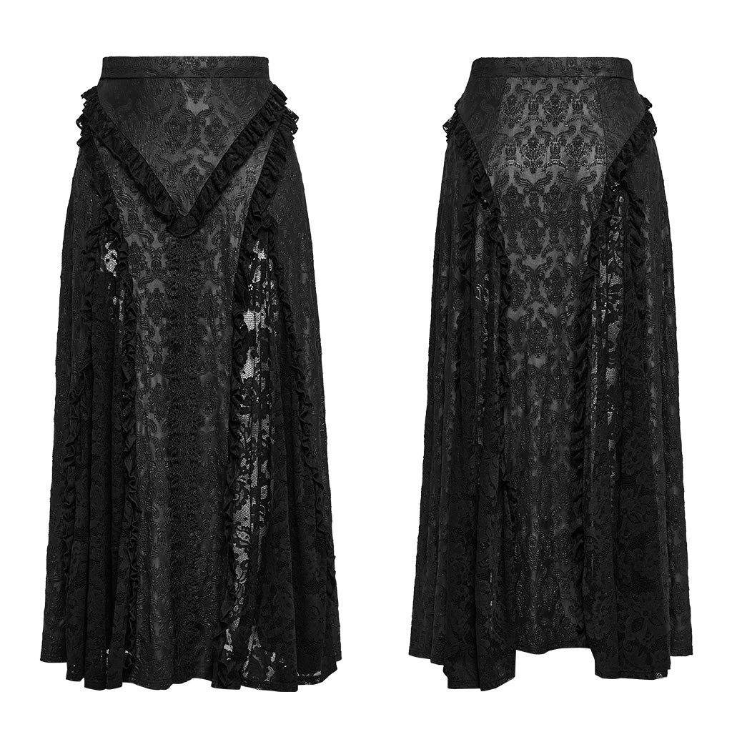 DQ-744BQF Gothic Lace Overlay Asymmetrical Maxi Skirt?-??Punk Rave Clothing
