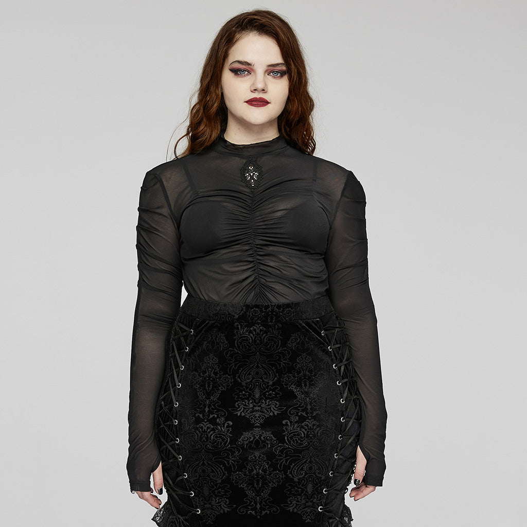 DT-800TCF Gothic Ruched Skeleton Sheer Long Sleeve T-Shirt?-??Punk Rave Clothing