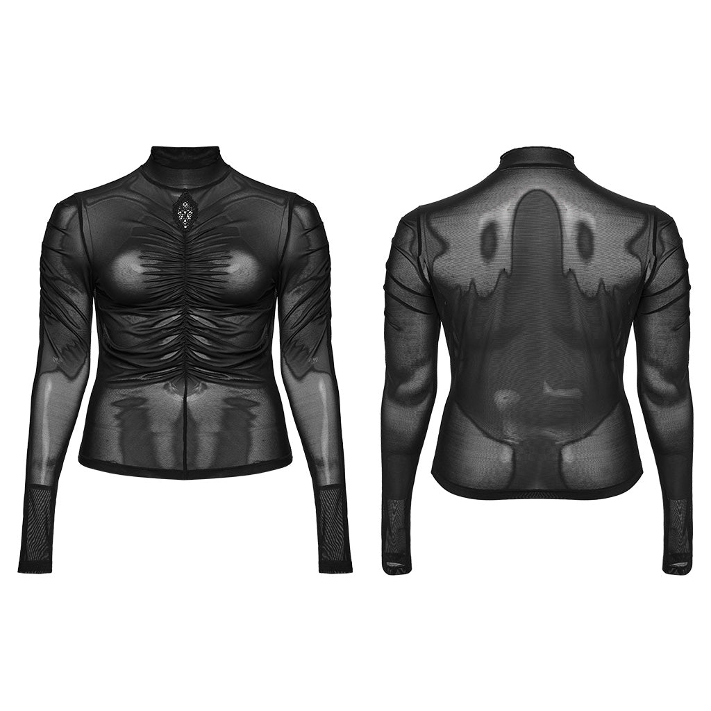 DT-800TCF Gothic Ruched Skeleton Sheer Long Sleeve T-Shirt?-??Punk Rave Clothing