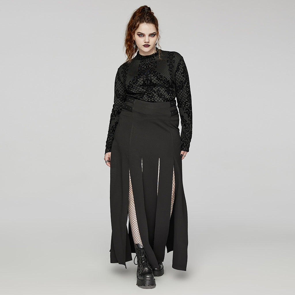 DT-830TCF Gothic Black Flocked Mesh Long Sleeve T-Shirt?-??Punk Rave Clothing