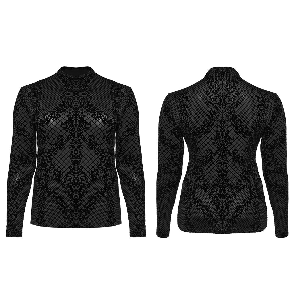 DT-830TCF Gothic Black Flocked Mesh Long Sleeve T-Shirt?-??Punk Rave Clothing