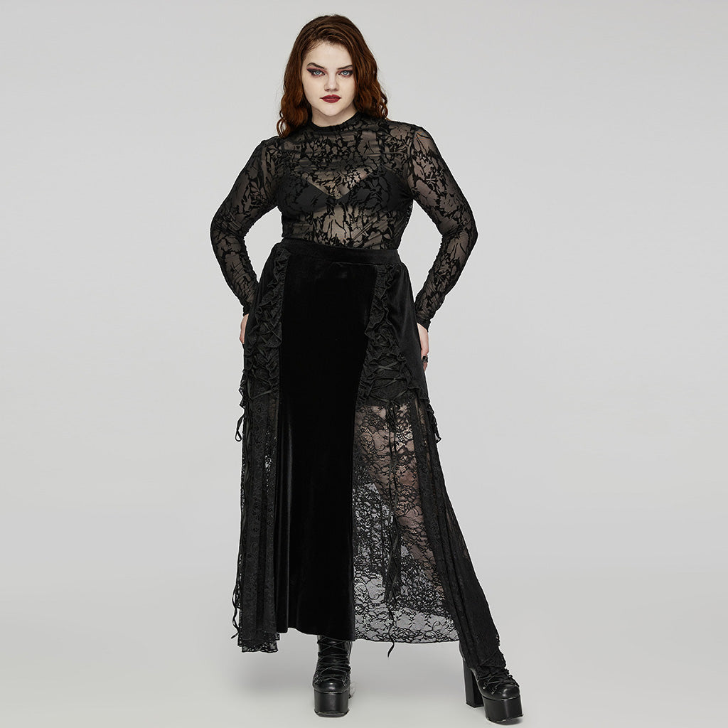 DT-834TCF Gothic Black Lace Mesh Floral Long Sleeve T-Shirt?-??Punk Rave Clothing