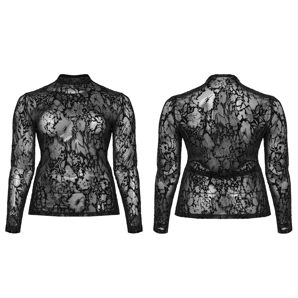 DT-834TCF Gothic Black Lace Mesh Floral Long Sleeve T-Shirt?-??Punk Rave Clothing