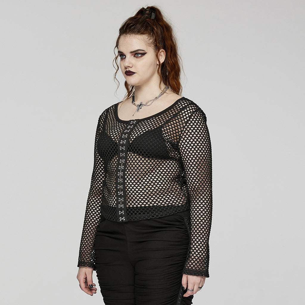 DT-869TCF Fishnet Mesh Punk Shirt Gothic Black Long Sleeve Top?-??Punk Rave Clothing