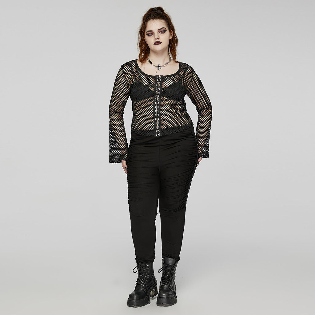 DT-869TCF Fishnet Mesh Punk Shirt Gothic Black Long Sleeve Top?-??Punk Rave Clothing