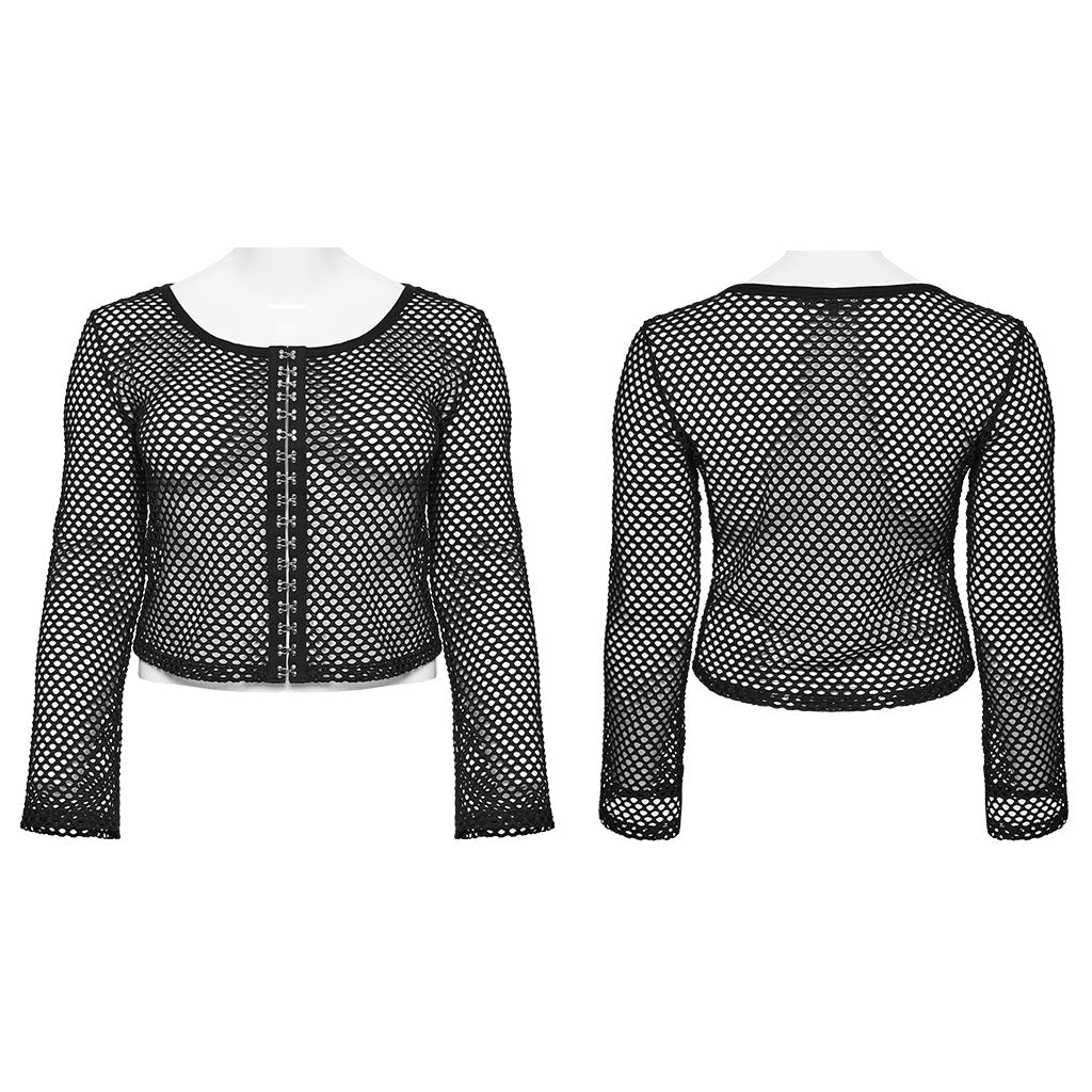 DT-869TCF Fishnet Mesh Punk Shirt Gothic Black Long Sleeve Top?-??Punk Rave Clothing