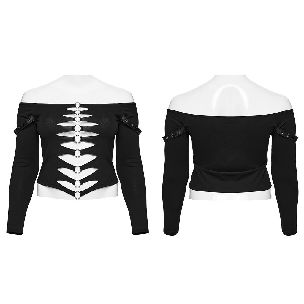 DT-875TCF Off-Shoulder Cutout Buckle Design Punk T-Shirts?-??Punk Rave Clothing